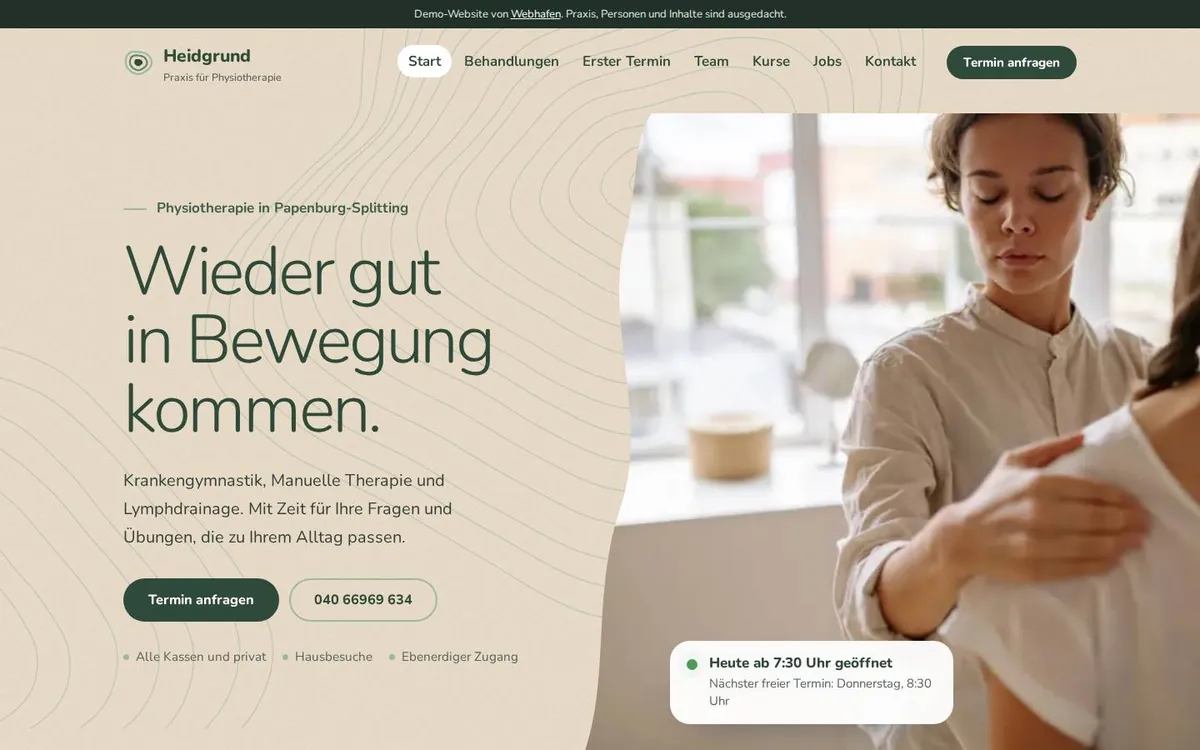 Startseite der Beispiel-Website Physiotherapie Heidgrund